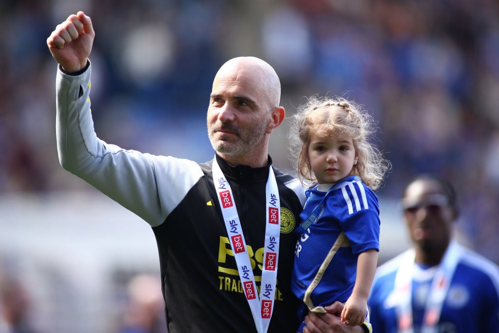 Leicester City manager Enzo Maresca celebrates winning the Championship with his daughter following the Sky Bet Championship match between Leiceste...