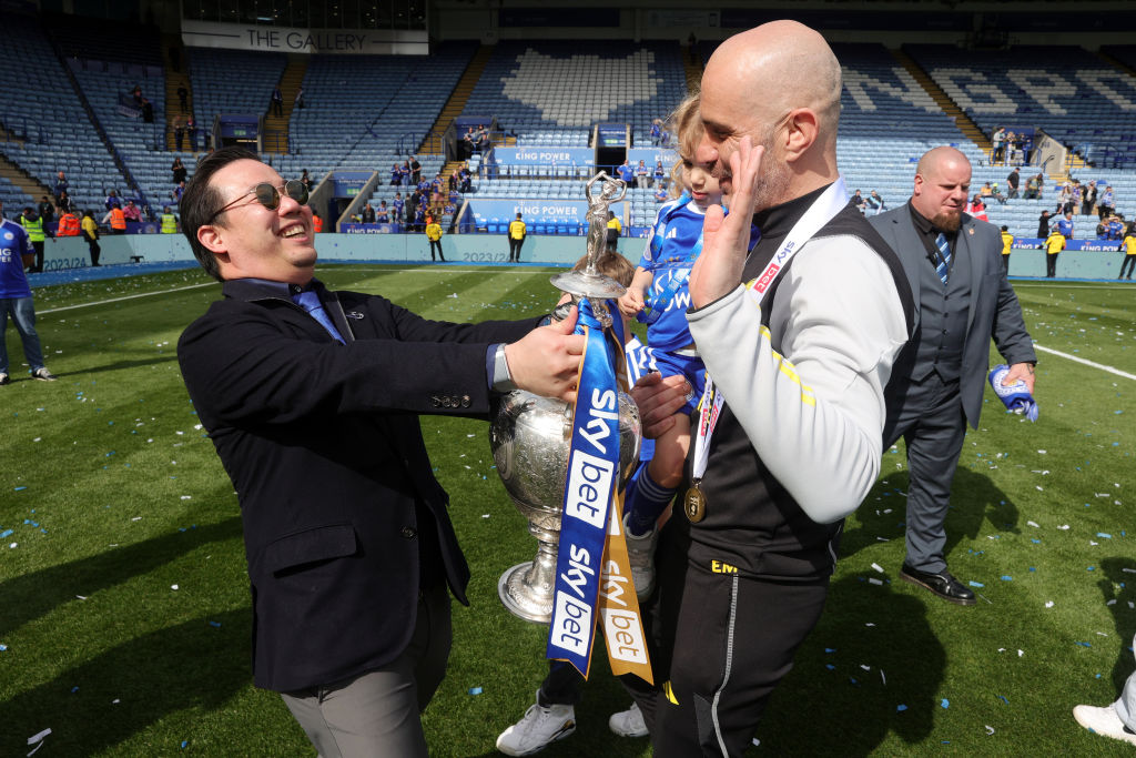 Leicester City Chairman Aiyawatt Srivaddhanaprabha and Leicester City Manager Enzo Maresca with the Sky Bet Championship trophy after the Sky Bet C...