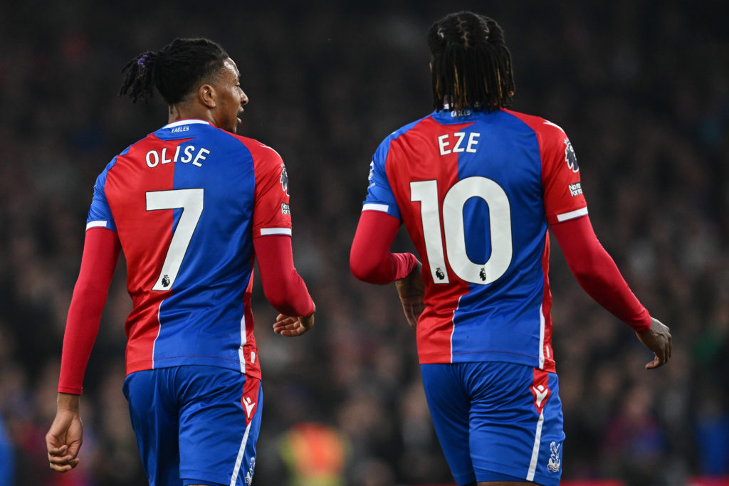 Michael Olise and Eberechi Eze of Crystal Palace during the Premier League match between Crystal Palace and Manchester United at Selhurst Park on M...