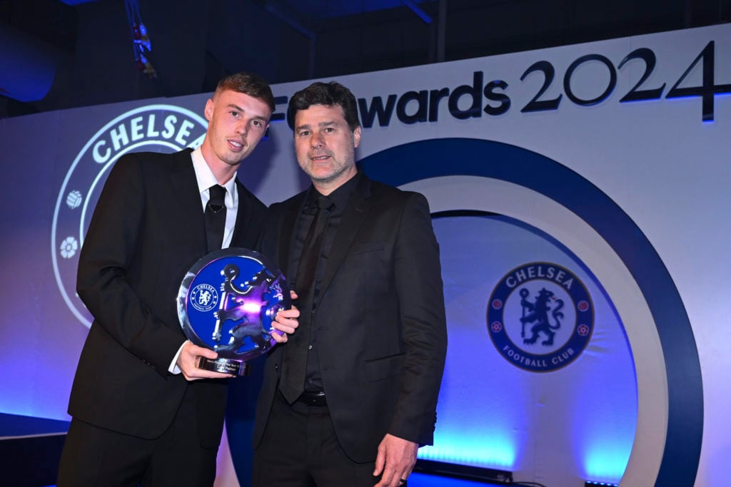 Cole Palmer of Chelsea with his award for Chelsea Player of the Year, presented by Chelsea Team Manager First Team Manager Mauricio Pochettino duri...
