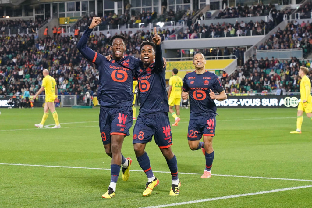 Jonathan DAVID of Lille and Angel GOMES of Lille during the Ligue 1 Uber Eats match between Nantes and Lille at Stade de la Beaujoire on May 12, 20...