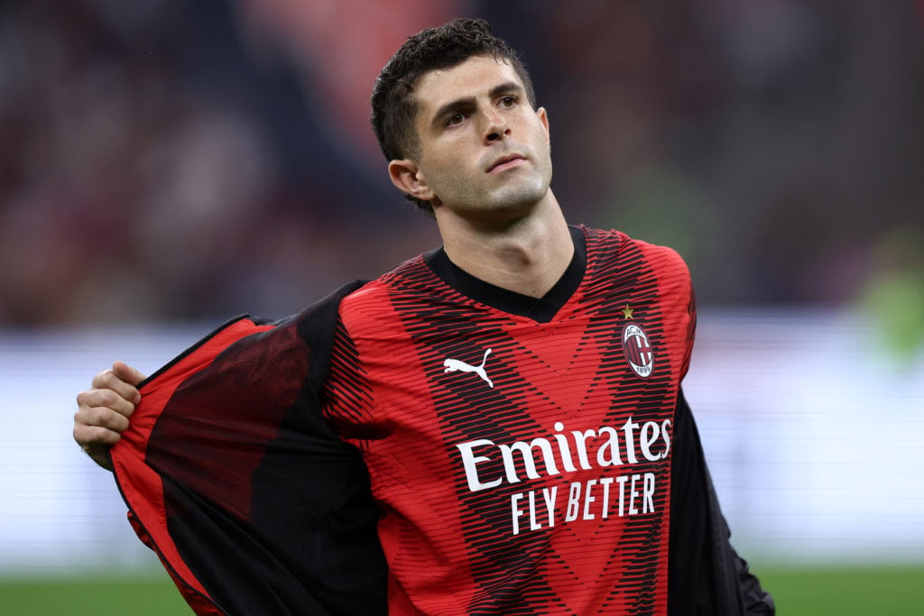 Christian Pulisic of Ac Milan  looks on during the Serie A football match between Ac Milan and Cagliari Calcio. Ac Milan wins 5-1 over Cagliari Cal...