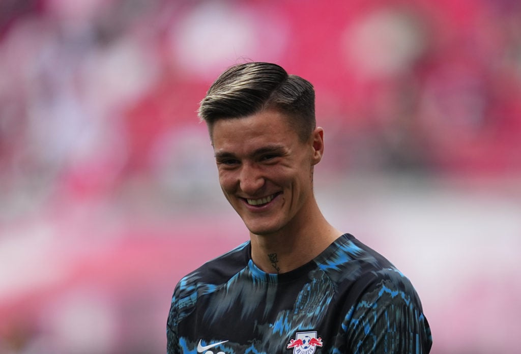 Benjamin Sesko of RB Leipzig looks on prior to the Bundesliga match between RB Leipzig and SV Werder Bremen at Red Bull Arena on May 11, 2024 in Le...