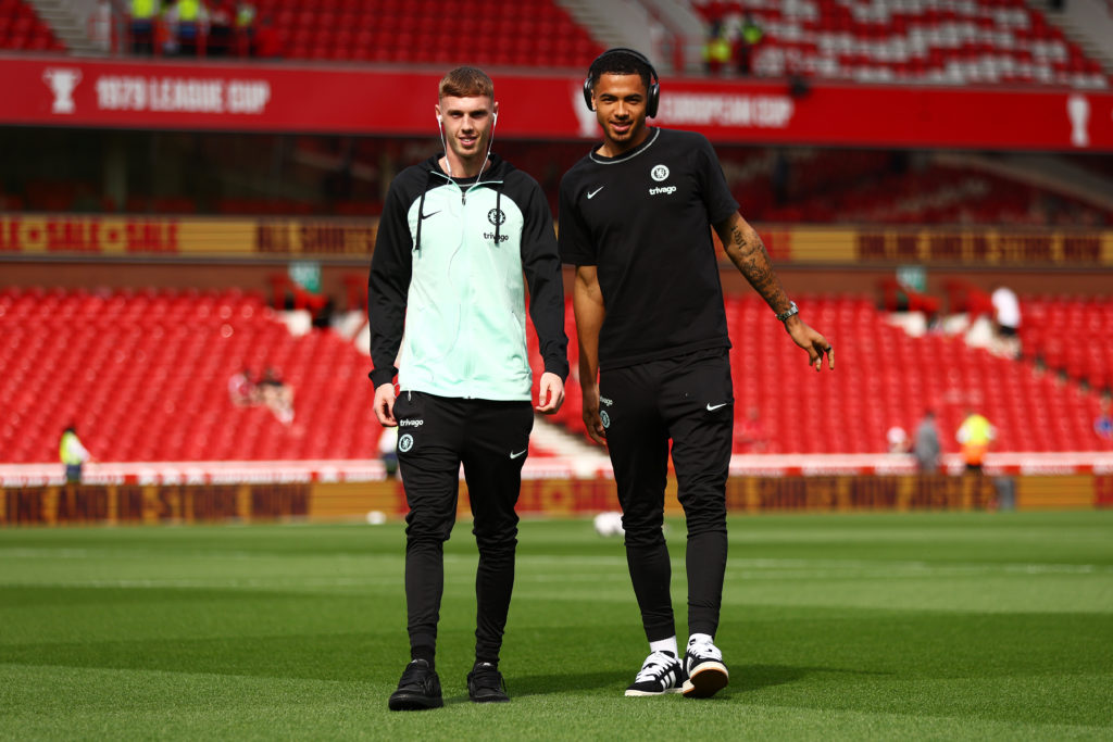 Cole Palmer and Levi Colwill of Chelsea look on during a pitch inspection prior to the Premier League match between Nottingham Forest and Chelsea F...