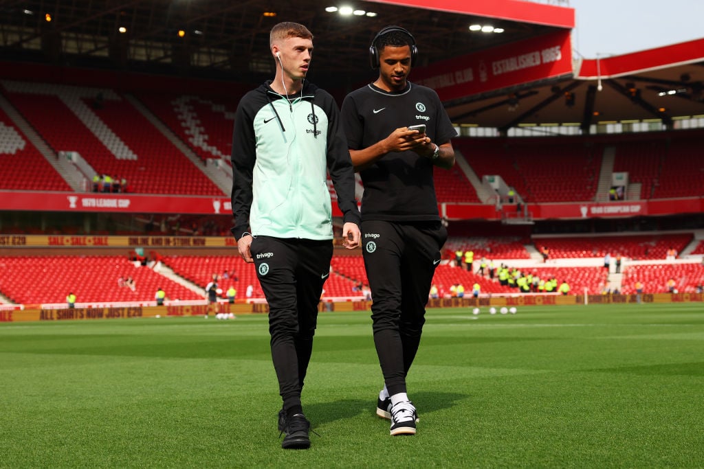 Cole Palmer and Levi Colwill of Chelsea look on during a pitch inspection prior to the Premier League match between Nottingham Forest and Chelsea F...