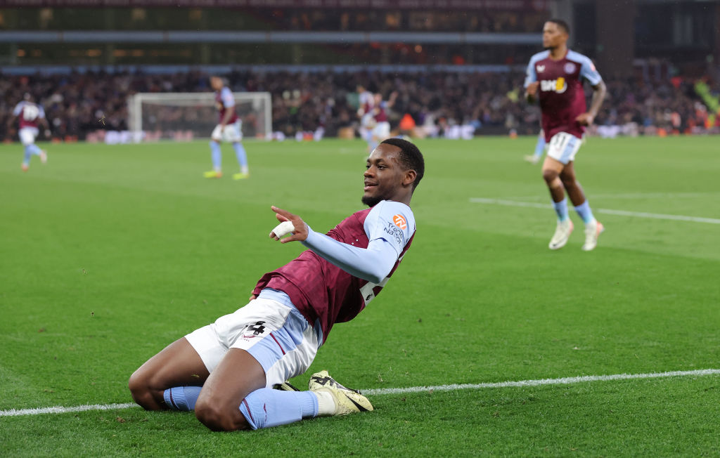 Jhon Duran of Aston Villa celebrates after scoring their third goal during the Premier League match between Aston Villa and Liverpool FC at Villa P...