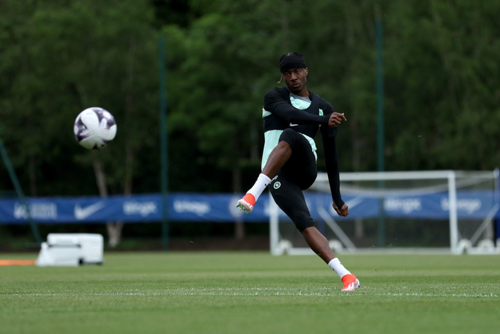 Noni Madueke of Chelsea during the Chelsea Training Session and Press conference at Chelsea Training Ground on May 14, 2024 in Cobham, England.