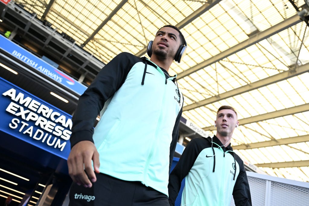 Levi Colwill and Cole Palmer of Chelsea inspect the pitch prior to the Premier League match between Brighton & Hove Albion and Chelsea FC at Am...