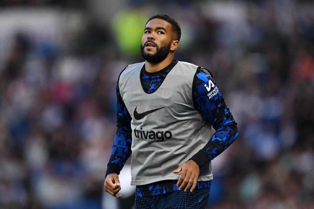 Reece James of Chelsea warms up during the Premier League match between Brighton & Hove Albion and Chelsea FC at American Express Community Sta...