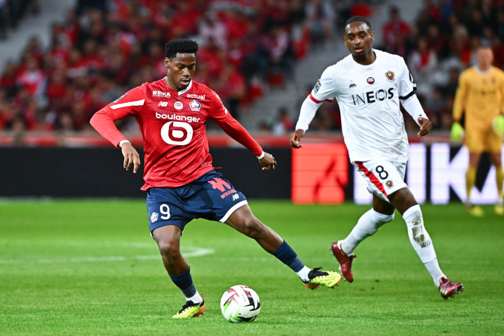 Jonathan DAVID of Lille and Pablo ROSARIO of OGC Nice during the Ligue 1 Uber Eats match between Lille and Nice at Stade Pierre-Mauroy on May 19, 2...