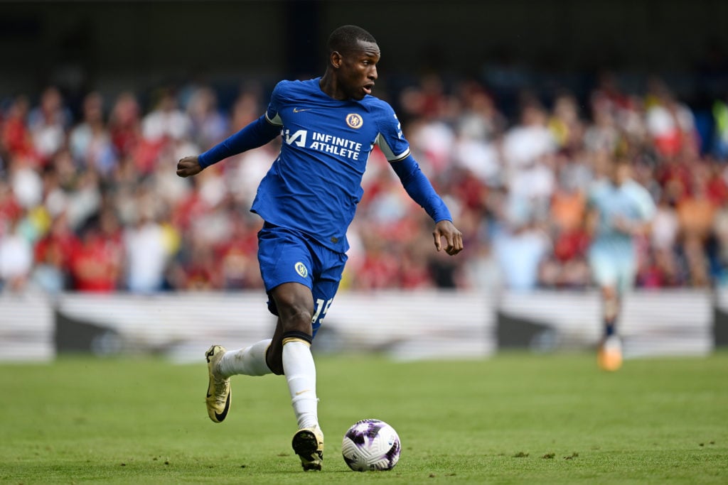 Nicolas Jackson of Chelsea runs with the ball during the Premier League match between Chelsea FC and AFC Bournemouth at Stamford Bridge on May 19, ...