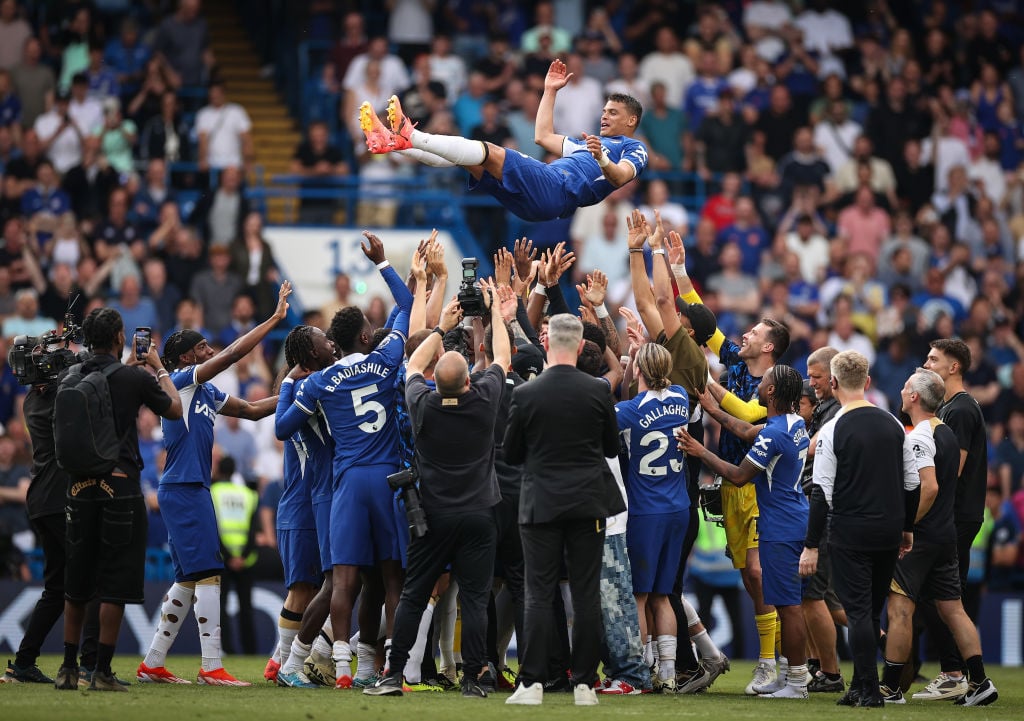 The players of Chelsea show their appreciation to Thiago Silva of Chelsea as they lift him at full-time following his final appearance in the team'...