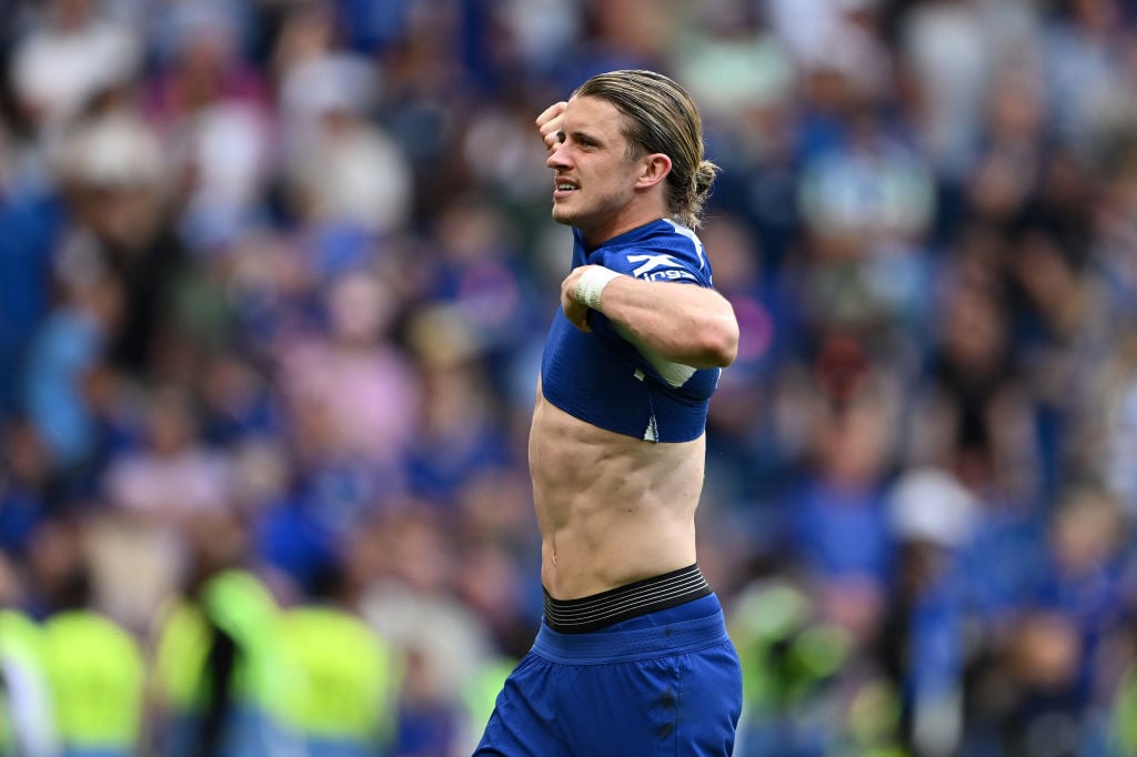 Conor Gallagher of Chelsea takes his shirt off following the Premier League match between Chelsea FC and AFC Bournemouth at Stamford Bridge on May ...