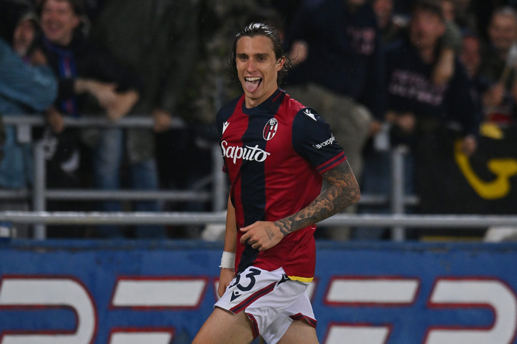 Riccardo Calafiori of Bologna FC celebrates scoring his team's third goal during the Serie A TIM match between Bologna FC and Juventus at Stadio Re...