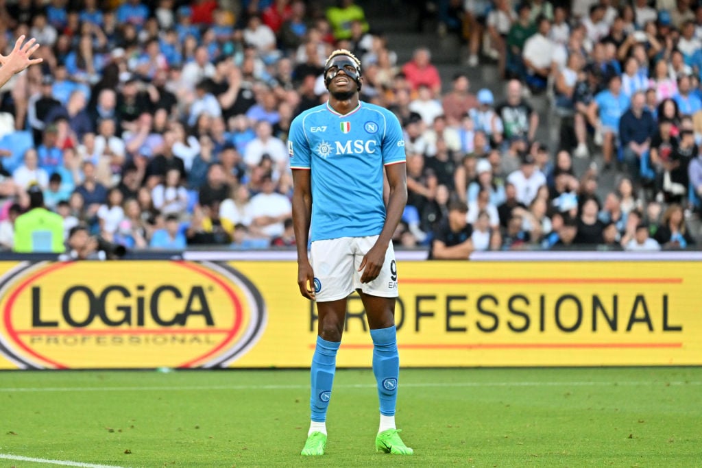 Victor Osimhen of SSC Napoli stands disappointed during the Serie A TIM match between SSC Napoli and US Lecce at Stadio Diego Armando Maradona on M...