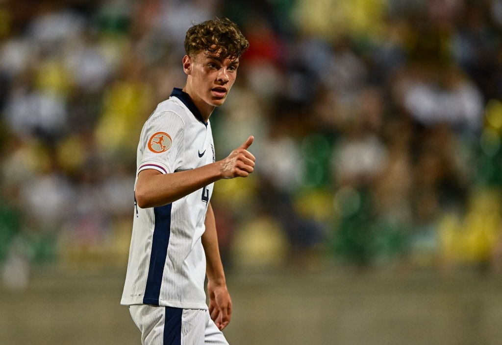Ollie Harrison of England during the UEFA European Under-17 Championship 2023/2024 Quarter-Final match between Italy and England at AEK Arena on Ma...
