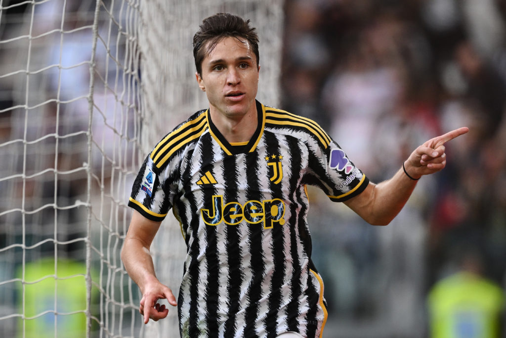 Federico Chiesa of Juventus celebrates his goal during the Serie A TIM match between Juventus and AC Monza at  on May 25, 2024 in Turin, Italy.