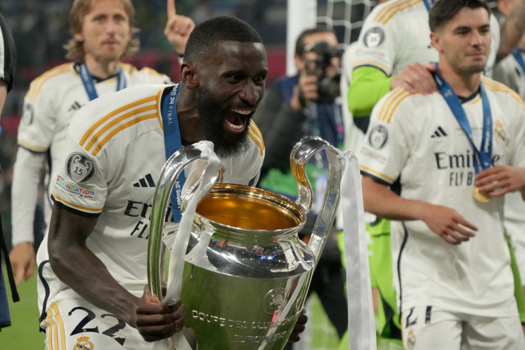 Antonio Rüdiger of Real Madrid lifts the Champions League Cup during the UEFA Champions League 2023/24 final match between Borussia Dortmund v Real...