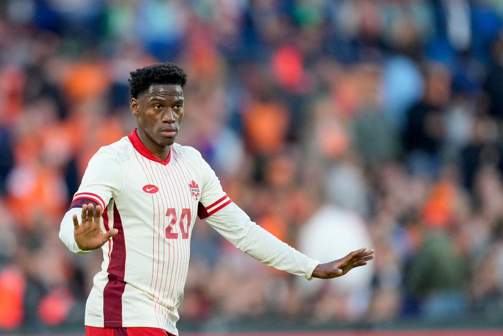Jonathan David of Canada gestures during the international friendly match between Netherlands and Canada at De Kuip on June 6, 2024 in Rotterdam, N...