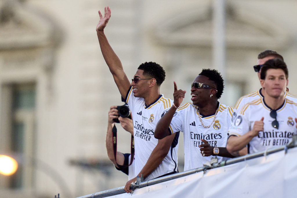 Vinicius Junior of Real Madrid celebrates at Fuente de Cibeles during Real Madrid UEFA Champions League Trophy Parade on June 02, 2024 in Madrid, S...
