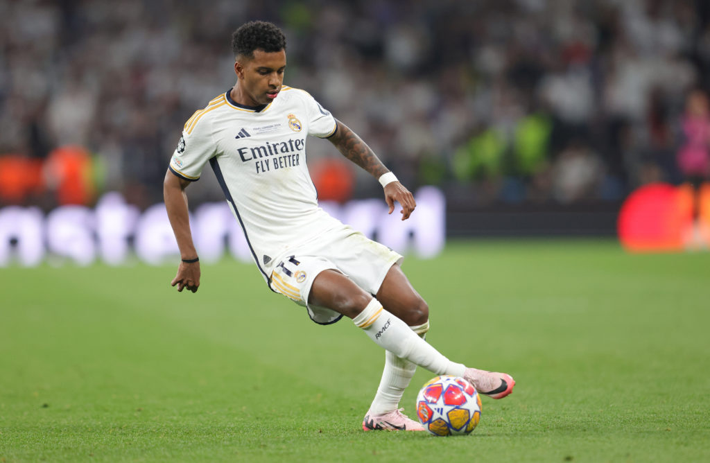 Rodrygo of Real Madrid plays the ball plays the ball during the UEFA Champions League 2023/24 final match between Borussia Dortmund v Real Madrid C...