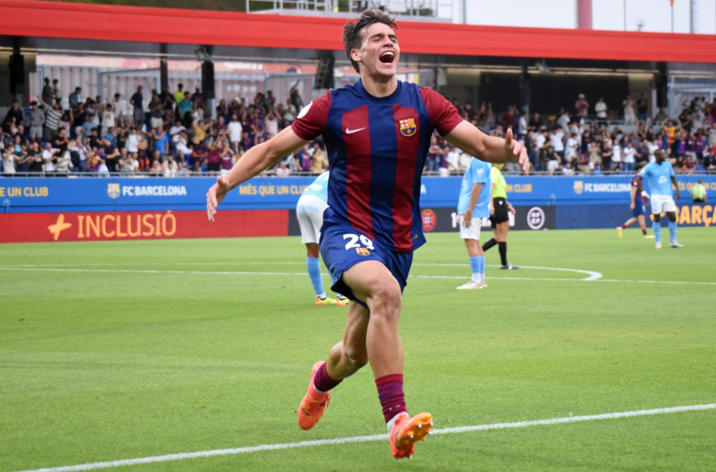 Marc Guiu is celebrating a goal during the match corresponding to the second leg of the semi-finals of the play-off for promotion to the Hypermotio...