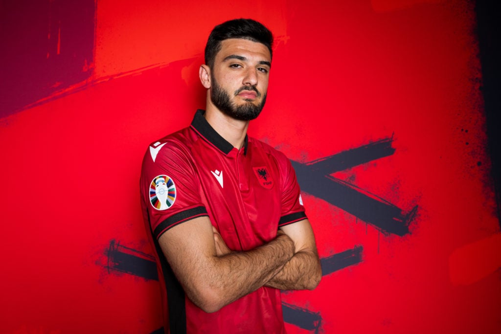 Armando Broja of Albania poses for a portrait during the Albania Portrait session ahead of the UEFA EURO 2024 Germany on June 04, 2024 in Berlin, G...