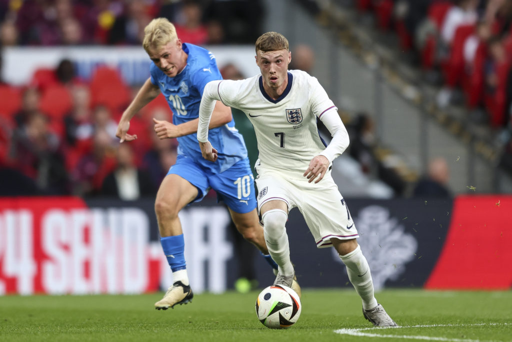 Hákon Arnar Haraldsson of Iceland and Cole Palmer of England during the international friendly match between England and Iceland at Wembley Stadium...