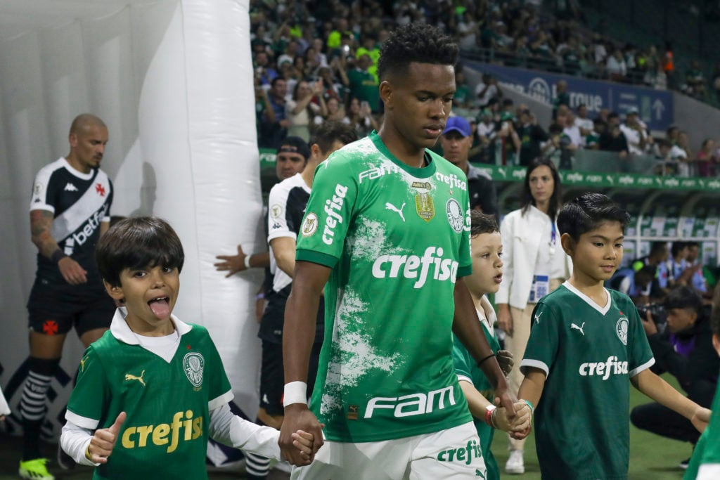Estevao of Palmeiras enters the field before the match between Palmeiras and Vasco da Gama as part of Brasileirao 2024 Serie A at Allianz Parque on...