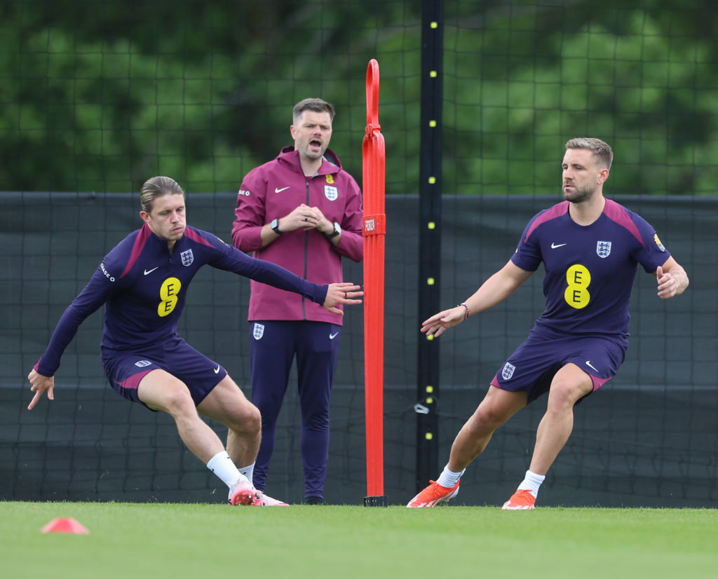 Conor Gallagher of England and Luke Shaw of England during training at Spa & Golf Resort Weimarer Land on June 12, 2024 in Blankenhain, Germany.