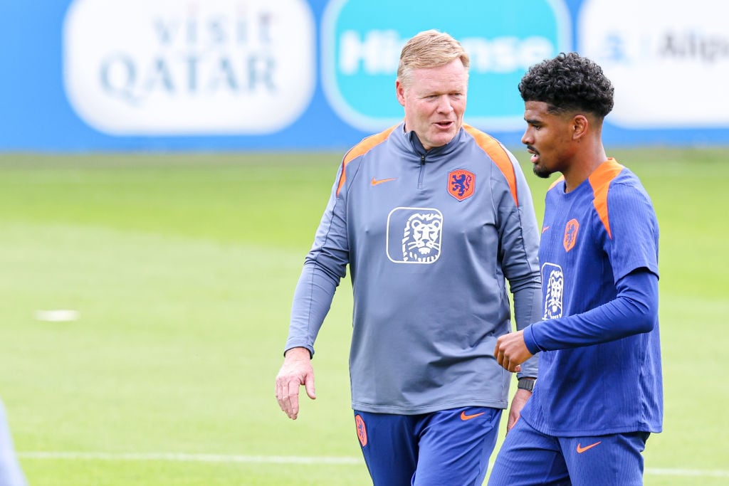 Head Coach Ronald Koeman of The Netherlands talking with Ian Maatsen of the Netherlands during a training session prior to the Group D - UEFA EURO ...