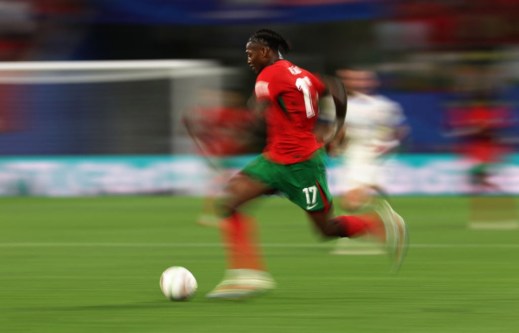 Portugal's forward #17 Rafael Leao runs with the ball during the UEFA Euro 2024 Group F football match between Portugal and the Czech Republic at t...