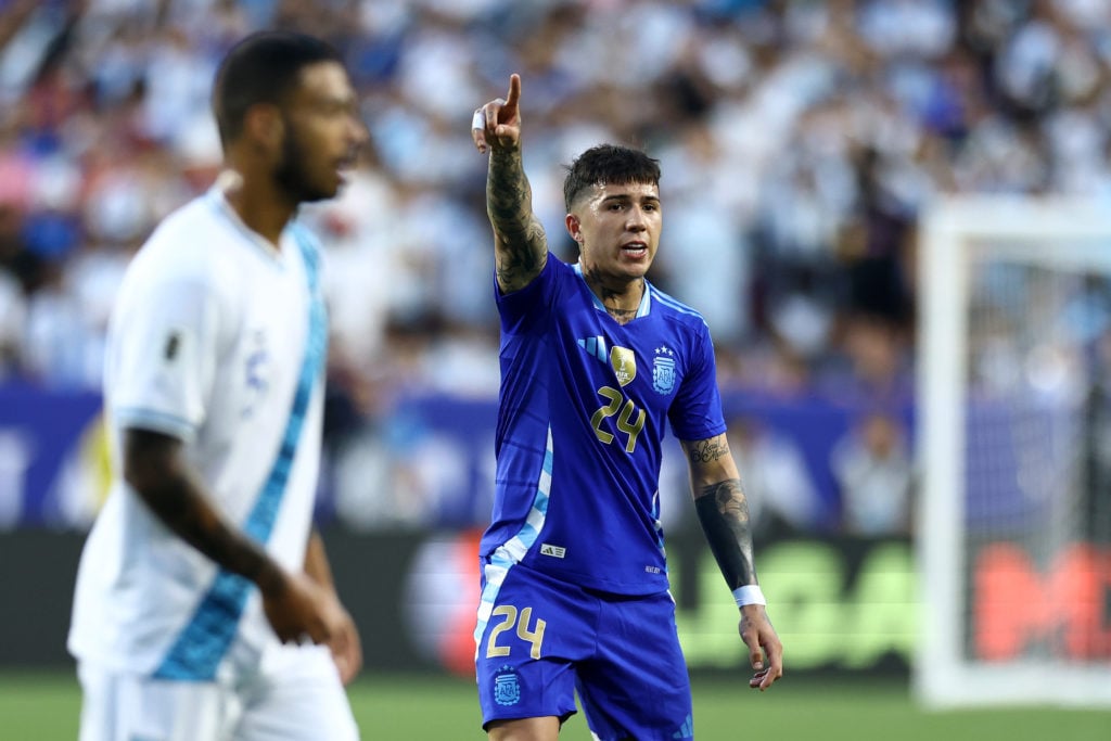 Enzo Fernández #24 of Argentina reacts during the first half against Guatemala at Commanders Field on June 14, 2024 in Landover, Maryland.