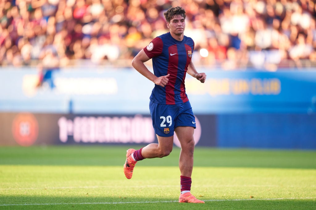 Marc Guiu of FC Barcelona Atletic in action during the Primera RFEF Play Off Final 1st Leg match between FC Barcelona Atletic and Cordoba CF at Est...