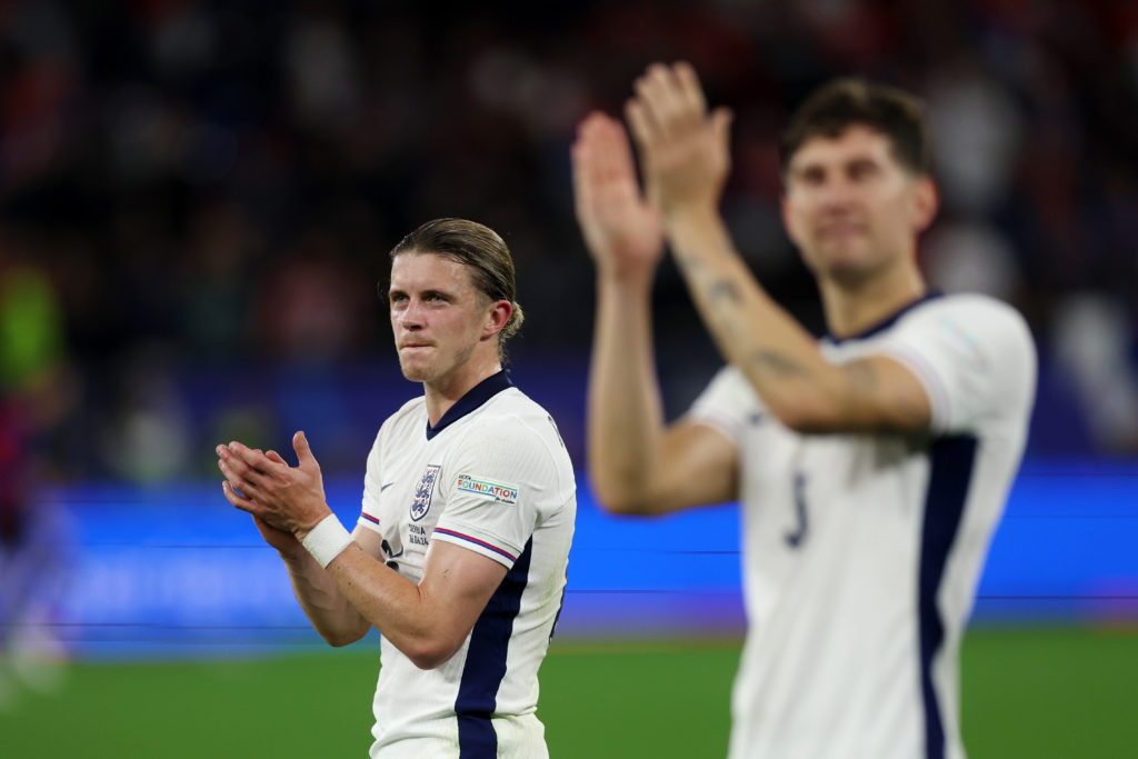 Conor Gallagher of England acknowledges the fans following the UEFA EURO 2024 group stage match between Serbia and England at Arena AufSchalke on J...