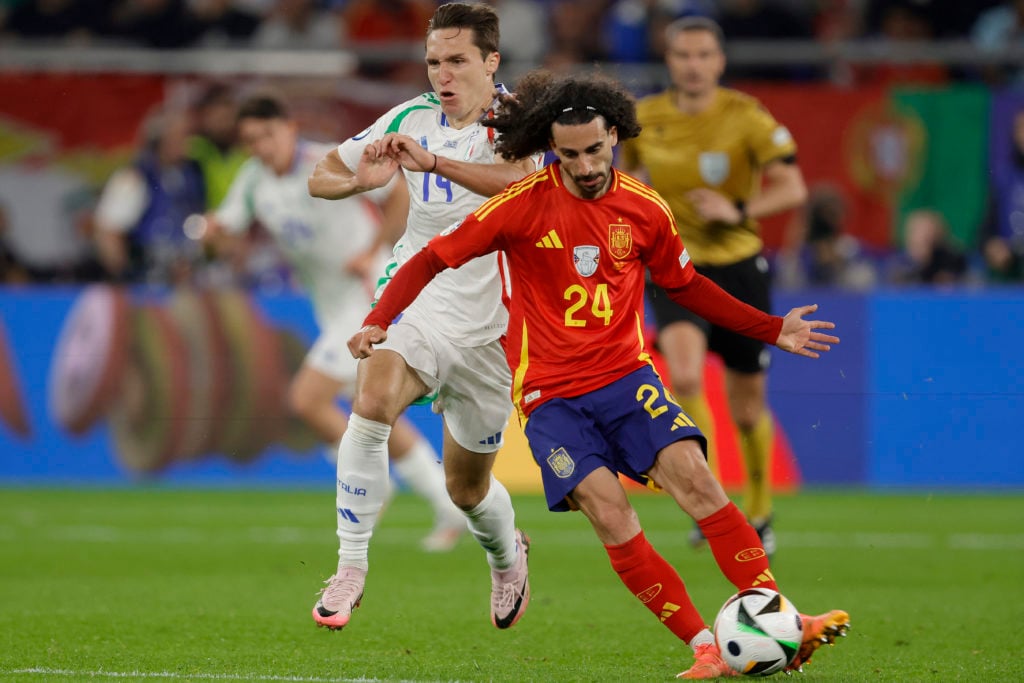 (L-R) Federico Chiesa of Italy, Marc Cucurella of Spain  during the  EURO match between Spain  v Italy at the Veltins Arena on June 20, 2024 in Gel...