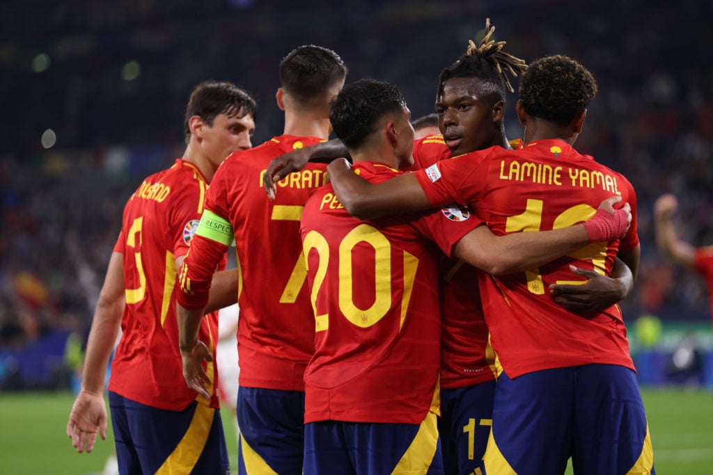 Lamine Yamal of Spain and Nico Williams of Spain and Pedri Gonzalez of Spain celebrates the first goal during the UEFA EURO 2024 group stage match ...