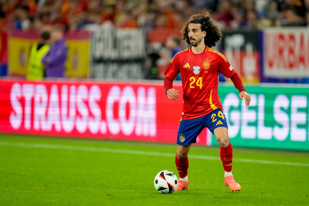 Marc Cucurella of Spain controls the ball during the UEFA EURO 2024 group stage match between Spain and Italy at Arena AufSchalke on June 20, 2024 ...