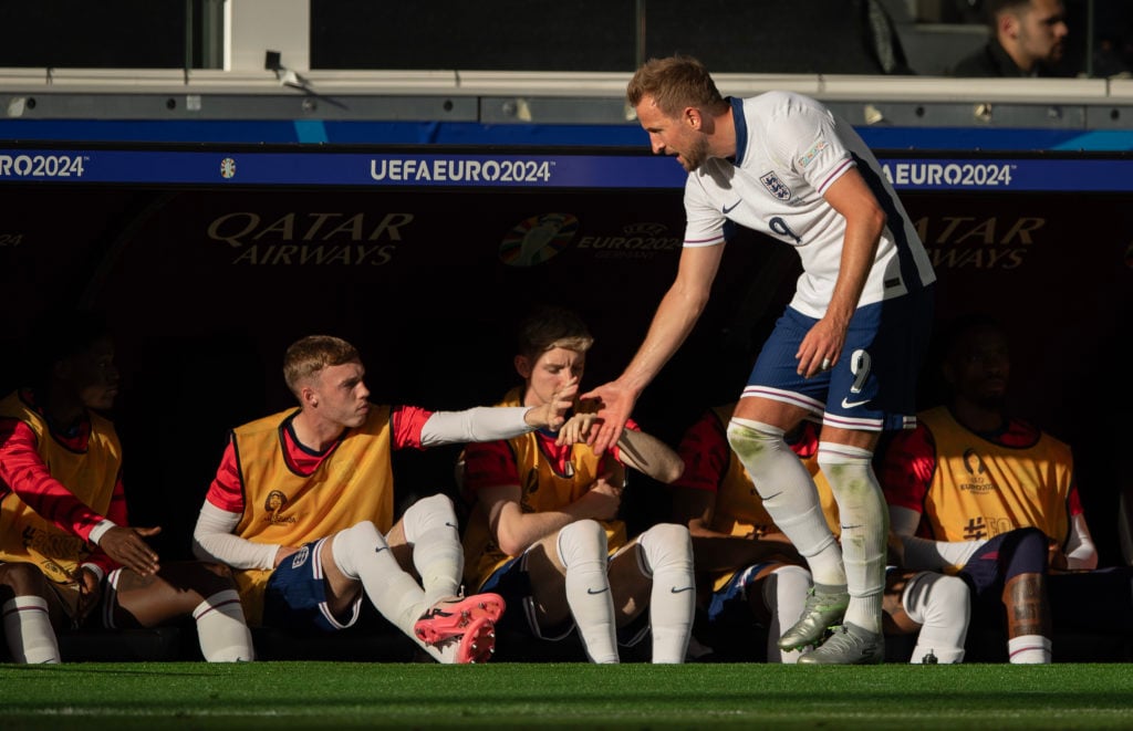 Harry Kane and Cole Palmer shake hands on the England bench.