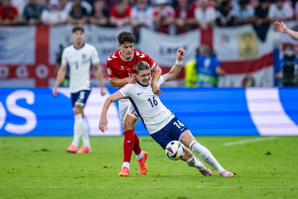 Christian Noergaard of Denmark and Conor Gallagher of England in action during the UEFA EURO 2024 group stage match between Denmark and England at ...