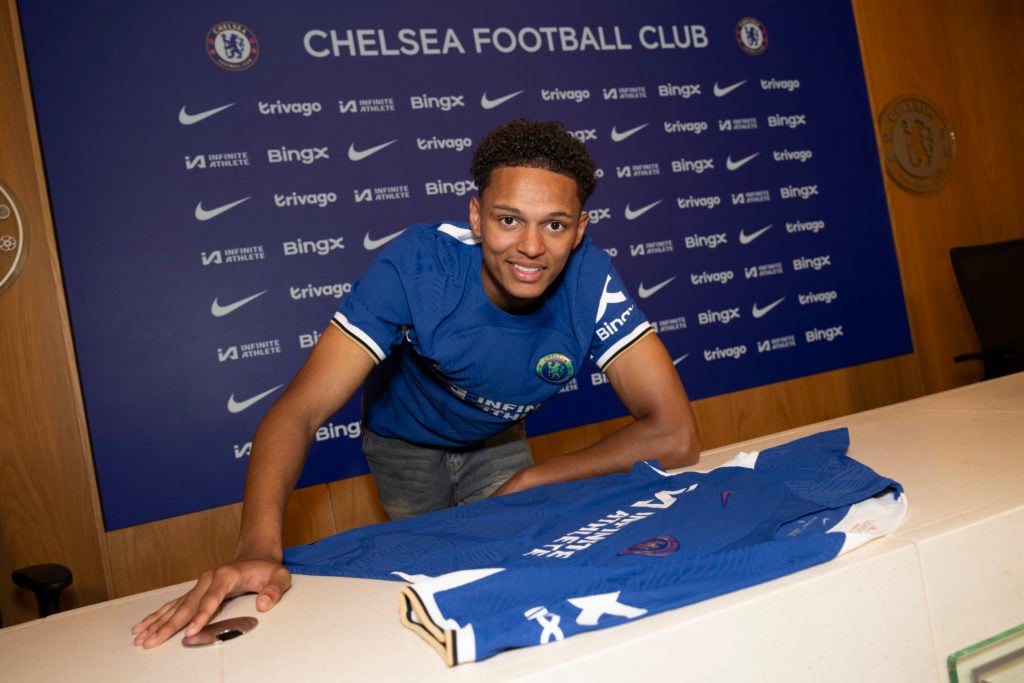 Chelsea unveil new signing Omari Kellyman at Chelsea Training Ground on June 29, 2024 in Cobham, England.