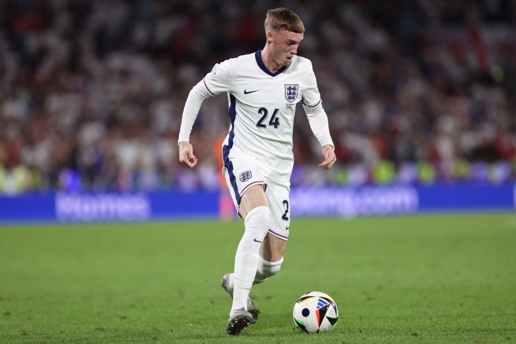 Cole Palmer of England controls the ball  during the UEFA EURO 2024 group stage match between England and Slovenia at Cologne Stadium on June 25, 2...