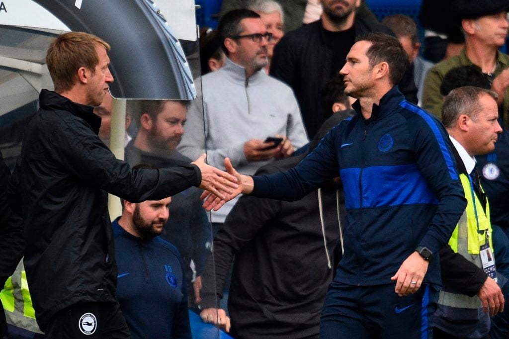 Chelsea's English head coach Frank Lampard (R) shakes hands with Brighton's English manager Graham Potter (L) at the end of the English Premier Lea...