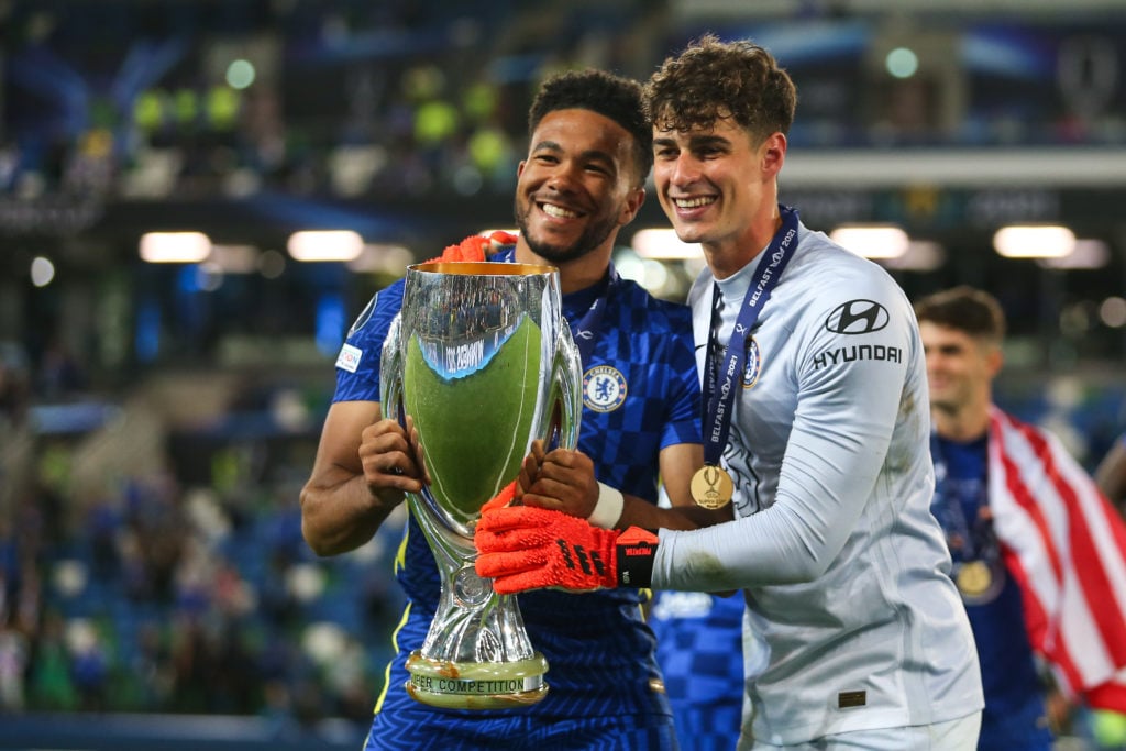 Reece James of Chelsea and Kepa Arrizabalaga of Chelsea with the trophy during the UEFA Super Cup 2021 Final between Chelsea FC and Villarreal CF a...
