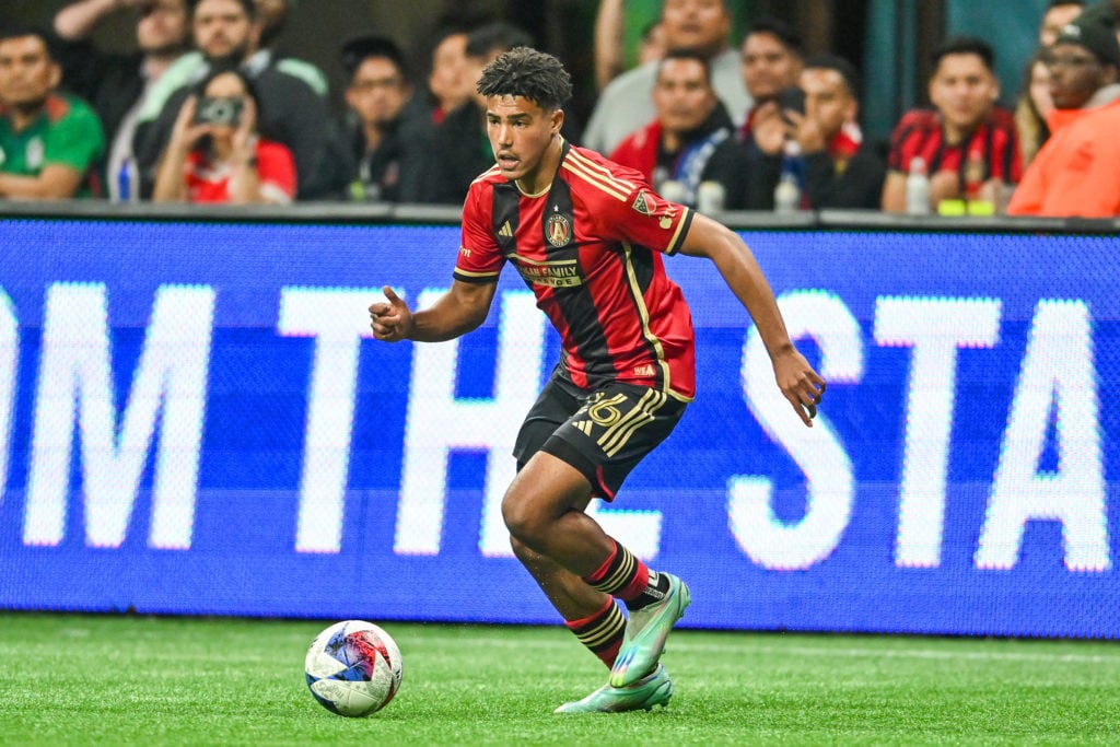 Atlanta defender Caleb Wiley (26) moves with the ball during the American Family Insurance Cup match between Toluca FC and Atlanta United FC on Feb...