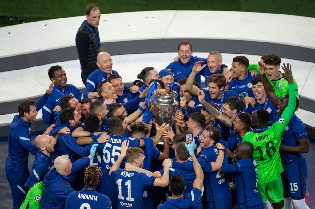 Chelsea players celebrate at the trophy presentation after winning the UEFA Champions League Final between Manchester City and Chelsea FC at Estadi...