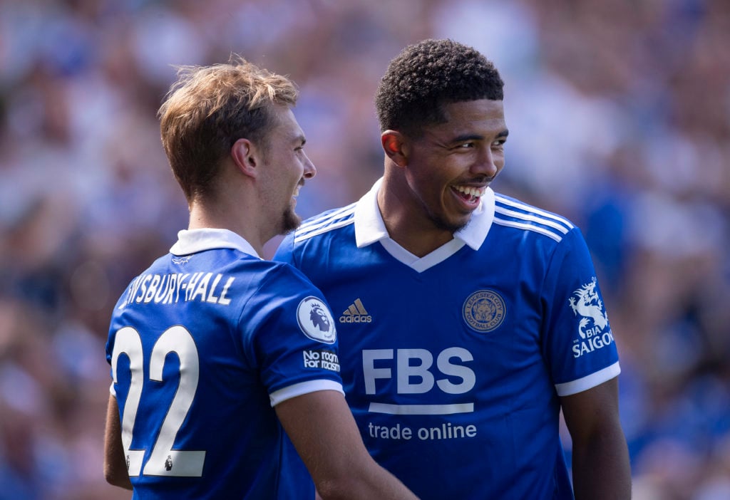 Kiernan Dewsbury-Hall of Leicester City celebrates scoring their team's second goal with team mate Wesley Fofana during the Premier League match be...