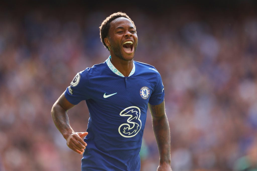 Raheem Sterling of Chelsea celebrates after scoring their team's second goal during the Premier League match between Chelsea FC and Leicester City ...
