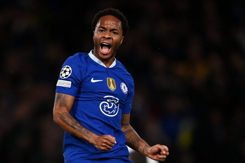 Raheem Sterling of Chelsea celebrates after scoring their team's first goal during the UEFA Champions League group E match between Chelsea FC and D...