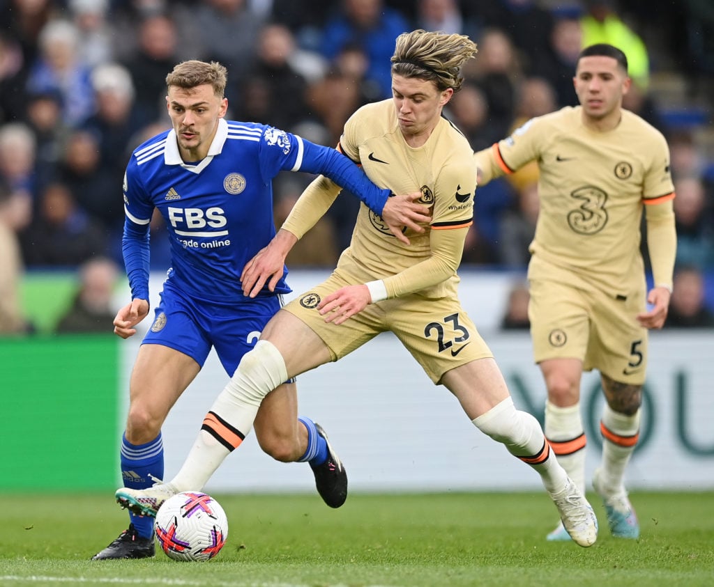 Kiernan Dewsbury-Hall of Leicester City battles for possession with Conor Gallagher of Chelsea during the Premier League match between Leicester Ci...